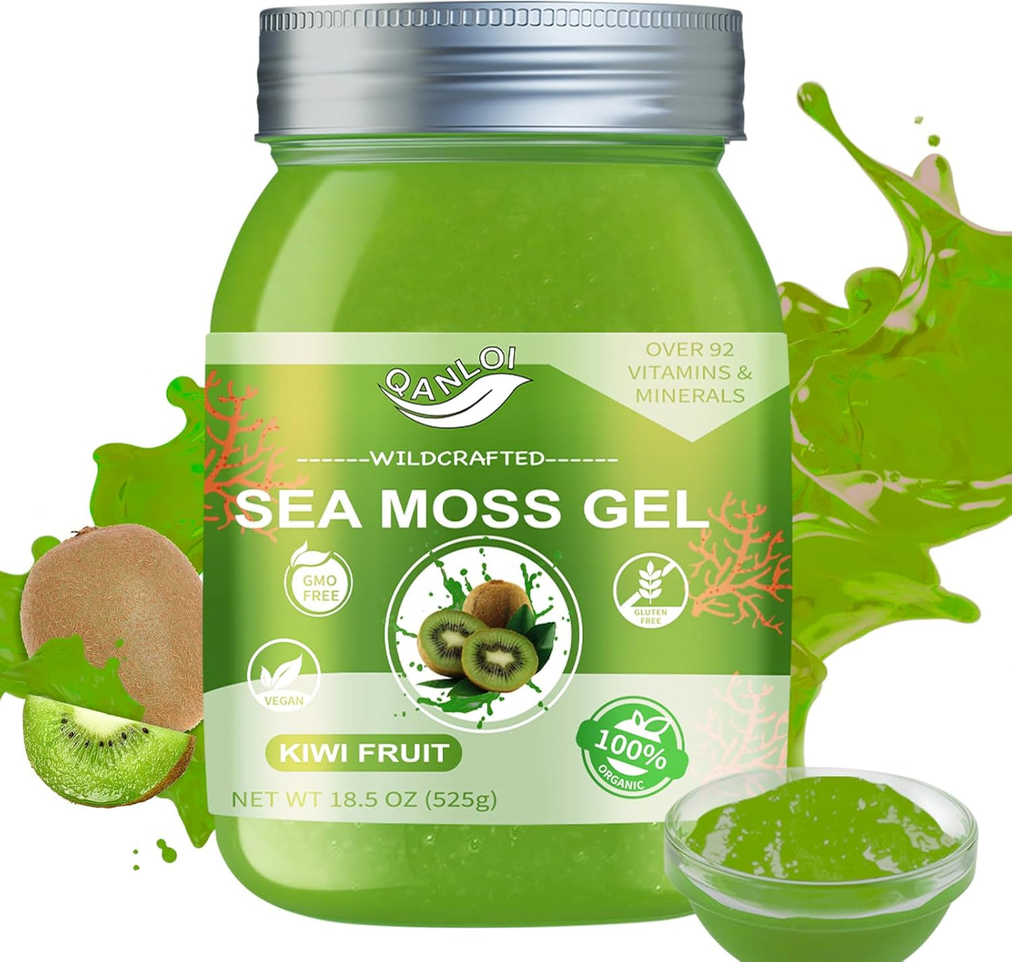 Organic Kiwi Fruit Sea Moss Gel - 18.5 OZ | Gluten-Free & Vegan Friendly | Non-GMO Superfood with Essential Vitamins & Minerals | QANLOI