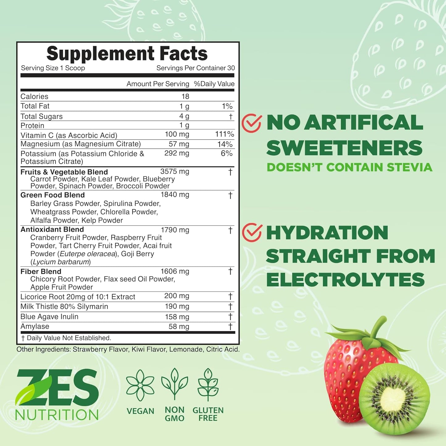 Organic Kiwi Strawberry Greens + Electrolytes Powder Supplement for Daily Green Boost and Recovery - Vegan, Non-GMO Smoothie Mix