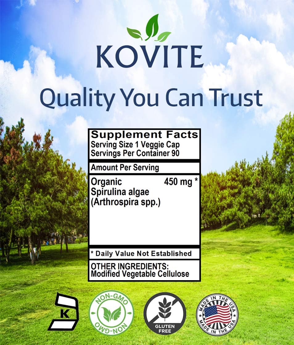 Organic Kosher Vegan Spirulina Capsules - 90 Vegetable Capsules with 450mg Powder
