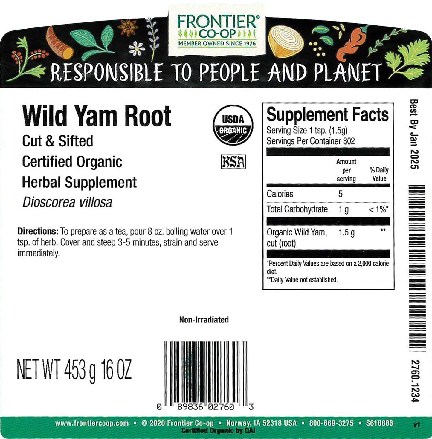 Organic Kosher Wild Yam Root, Cut & Sifted | 1 lb Bulk Bag by Frontier Co-op