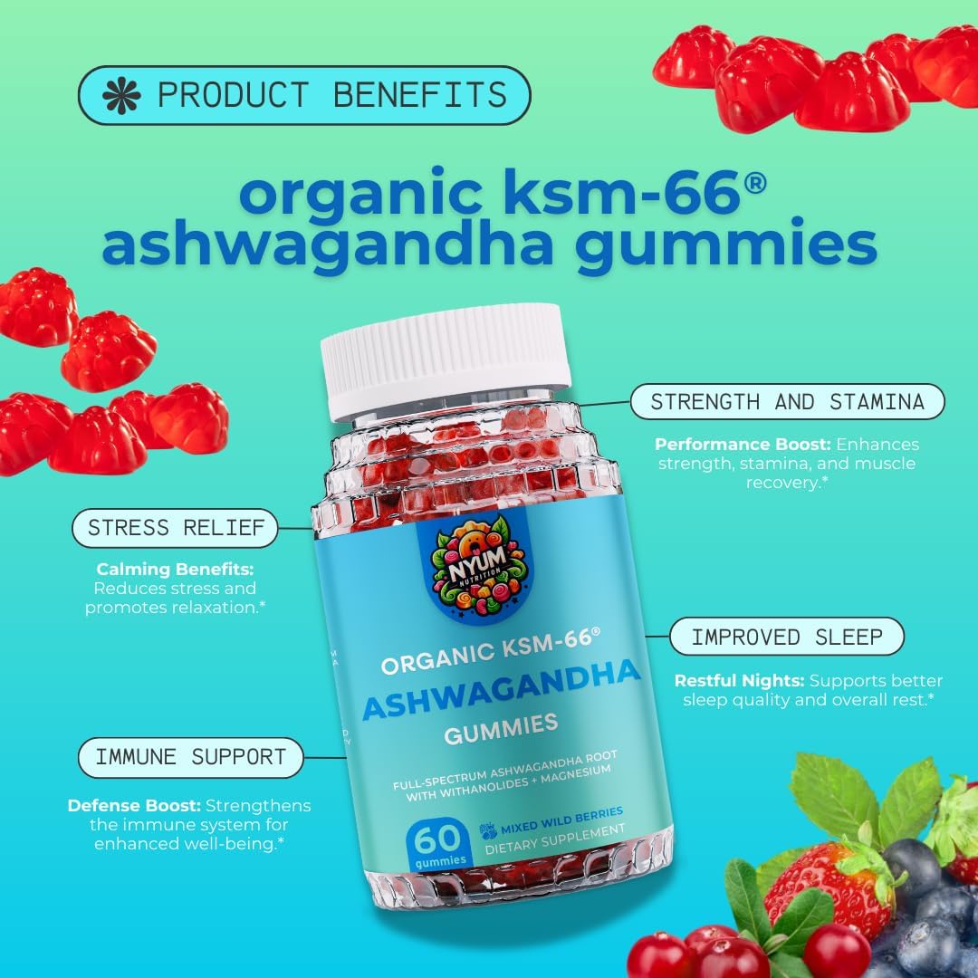Organic KSM-66 Ashwagandha Gummies - Mixed Wild Berries Flavor - 60 Count - Natural Nutrition