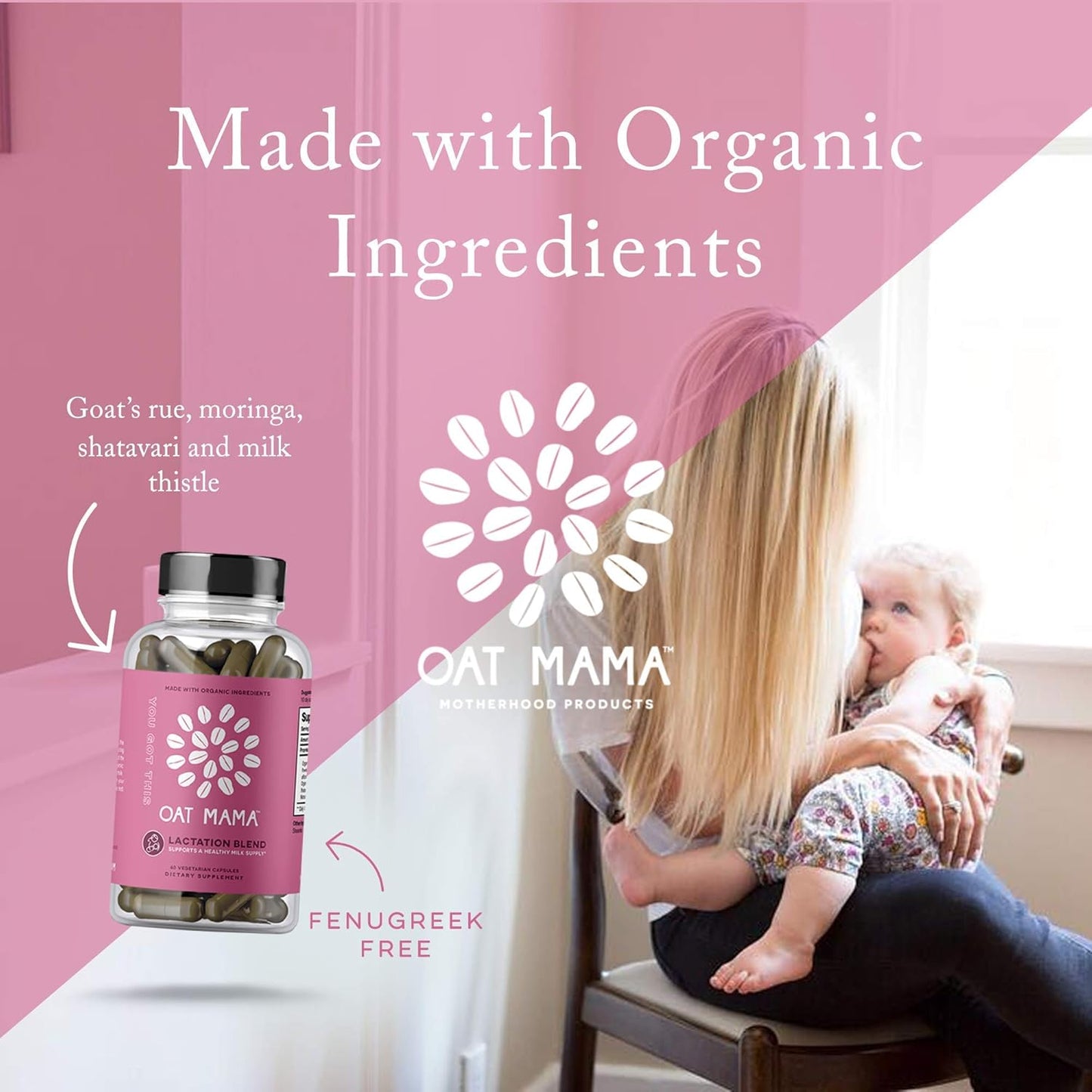 Organic Lactation Blend for Healthy Milk Supply | Fenugreek-Free | 60 Veg Caps | OAT MAMA Support