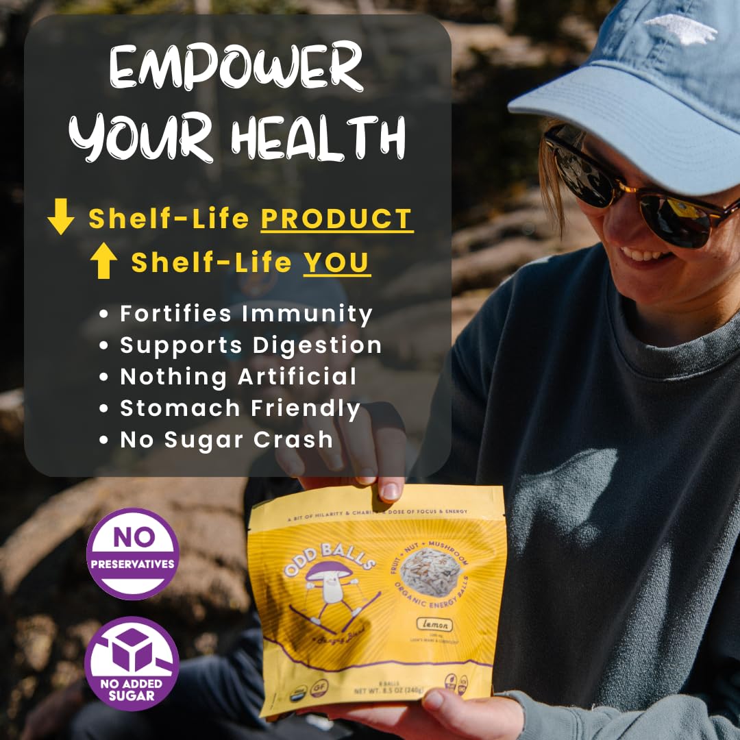Organic Lemon Energy Balls with Superfood Mushrooms - Ideal Snack for Running, Cycling, Hiking - Vegan, Gluten-Free - Lion's Mane Focus, Cordyceps Energy Boost - Healthy Gels, Bars Alternative for Kids & Adults