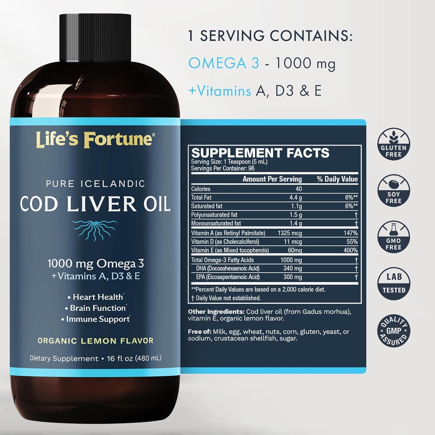 Organic Lemon Flavored Cod Liver Oil Liquid Supplement - High Potency Omega 3 DHA & EPA, Vitamin A, E & D3 - Supports Immune Health & Joints, Non-GMO, 1000mg (16 Oz)
