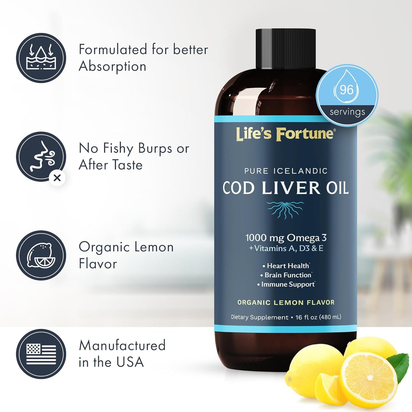 Organic Lemon Flavored Cod Liver Oil Liquid Supplement - High Potency Omega 3 DHA & EPA, Vitamin A, E & D3 - Supports Immune Health & Joints, Non-GMO, 1000mg (16 Oz)