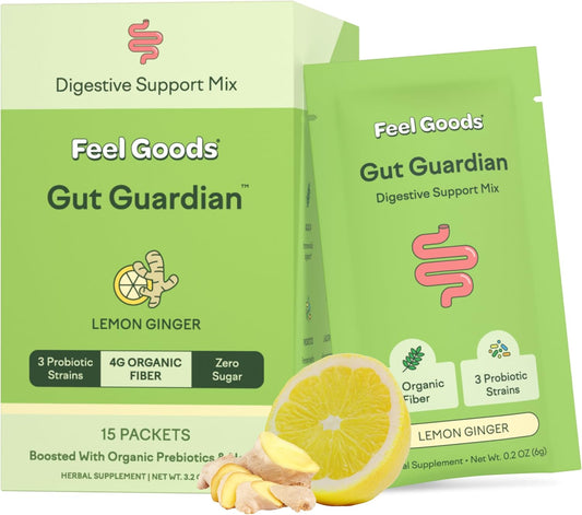 Organic Lemon Ginger Gut Guardian Powder - Prebiotic & Probiotic Blend for Digestive Health, Bloat Relief - Vegan & Non-GMO, Sugar-Free - 15 Pack