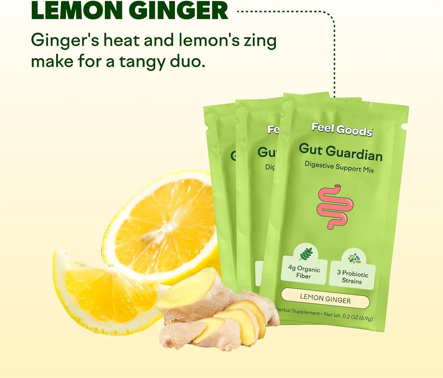 Organic Lemon Ginger Gut Guardian Powder - Prebiotic & Probiotic Blend for Digestive Health, Bloat Relief - Vegan & Non-GMO, Sugar-Free - 15 Pack