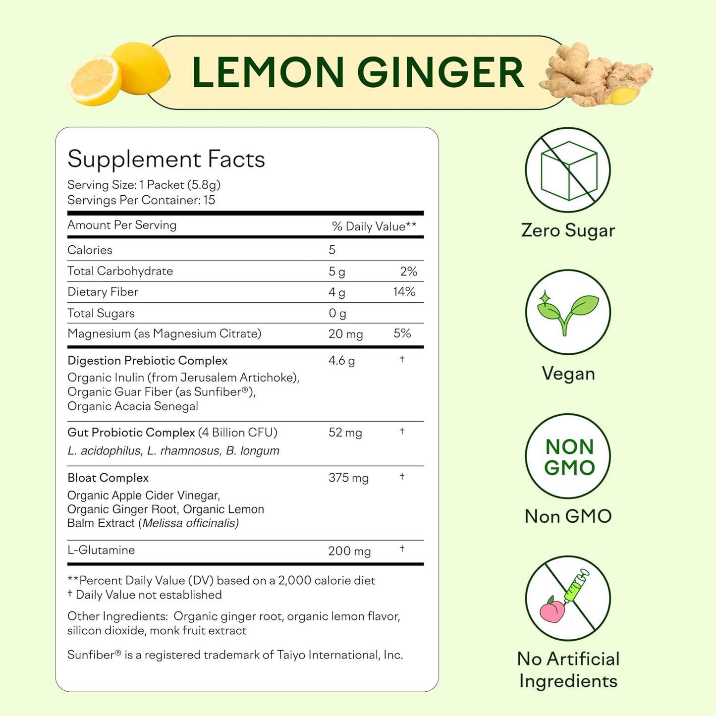 Organic Lemon Ginger Gut Guardian Powder - Prebiotic & Probiotic Blend for Digestive Health, Bloat Relief - Vegan & Non-GMO, Sugar-Free - 15 Pack