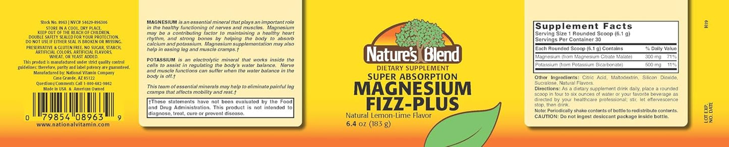 Organic Lemon-Lime Magnesium Fizz-Plus Powder 6.4 oz - Natural Blend