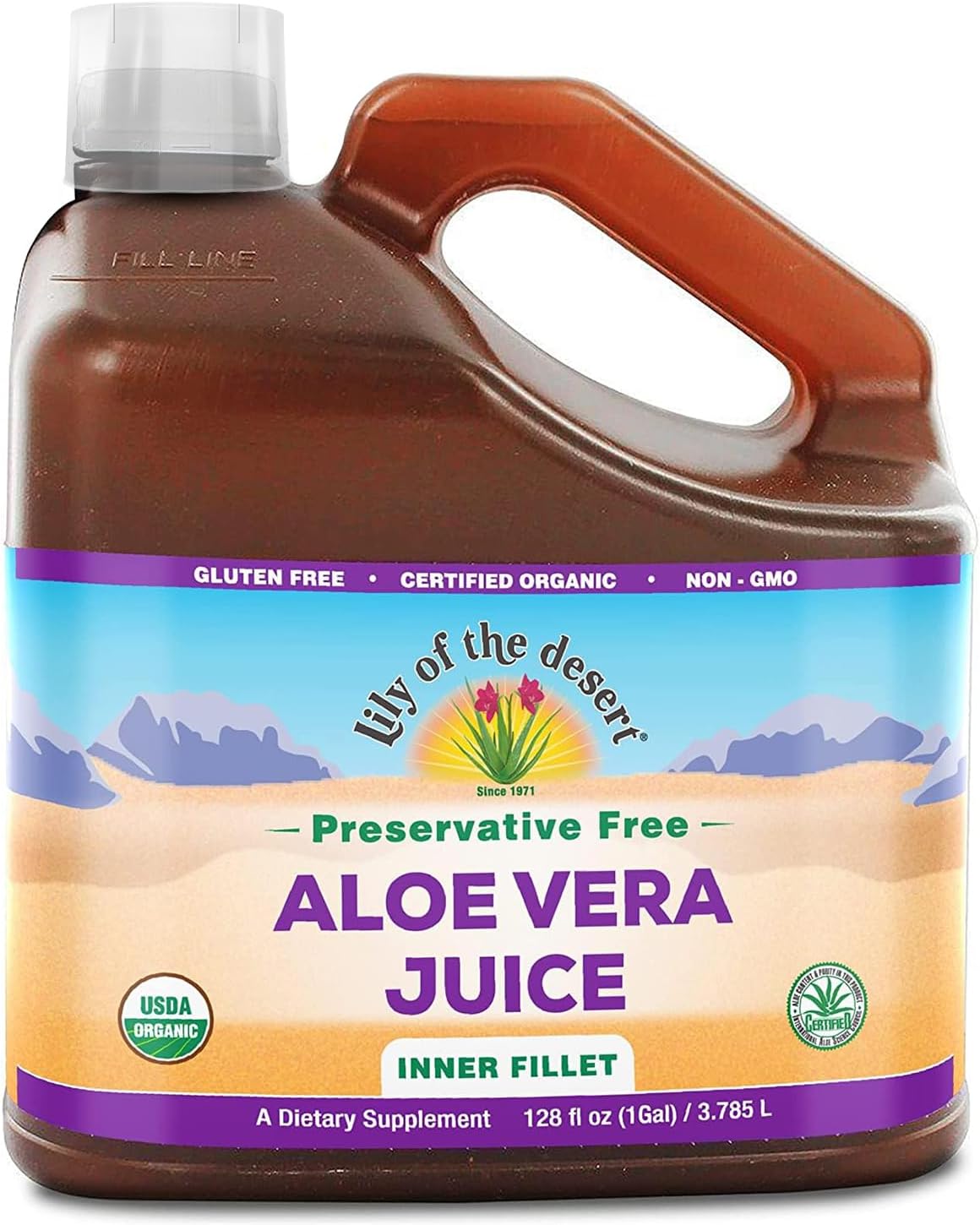 Organic Lily of the Desert Aloe Vera Juice - Preservative-Free Inner Fillet Drink with Digestive Enzymes for Gut Health, Skin Glow - 128 fl oz