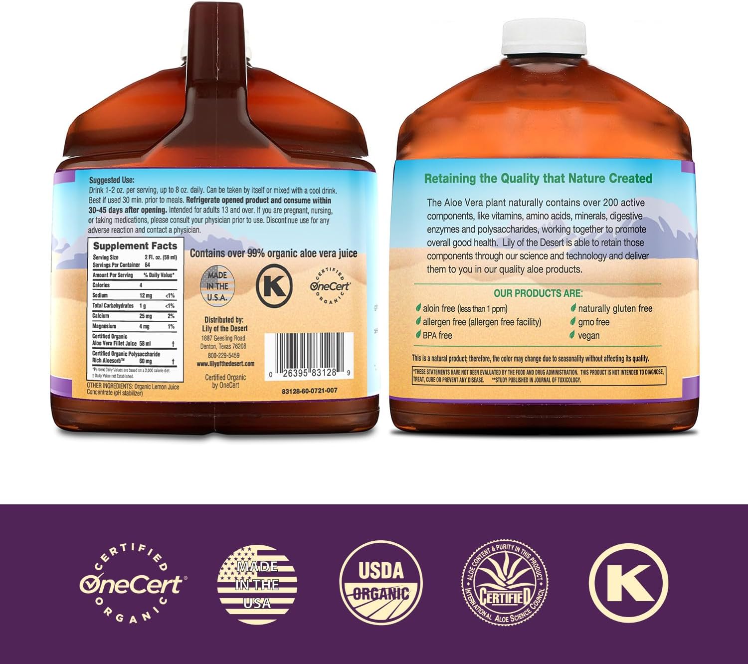 Organic Lily of the Desert Aloe Vera Juice - Preservative-Free Inner Fillet Drink with Digestive Enzymes for Gut Health, Skin Glow - 128 fl oz