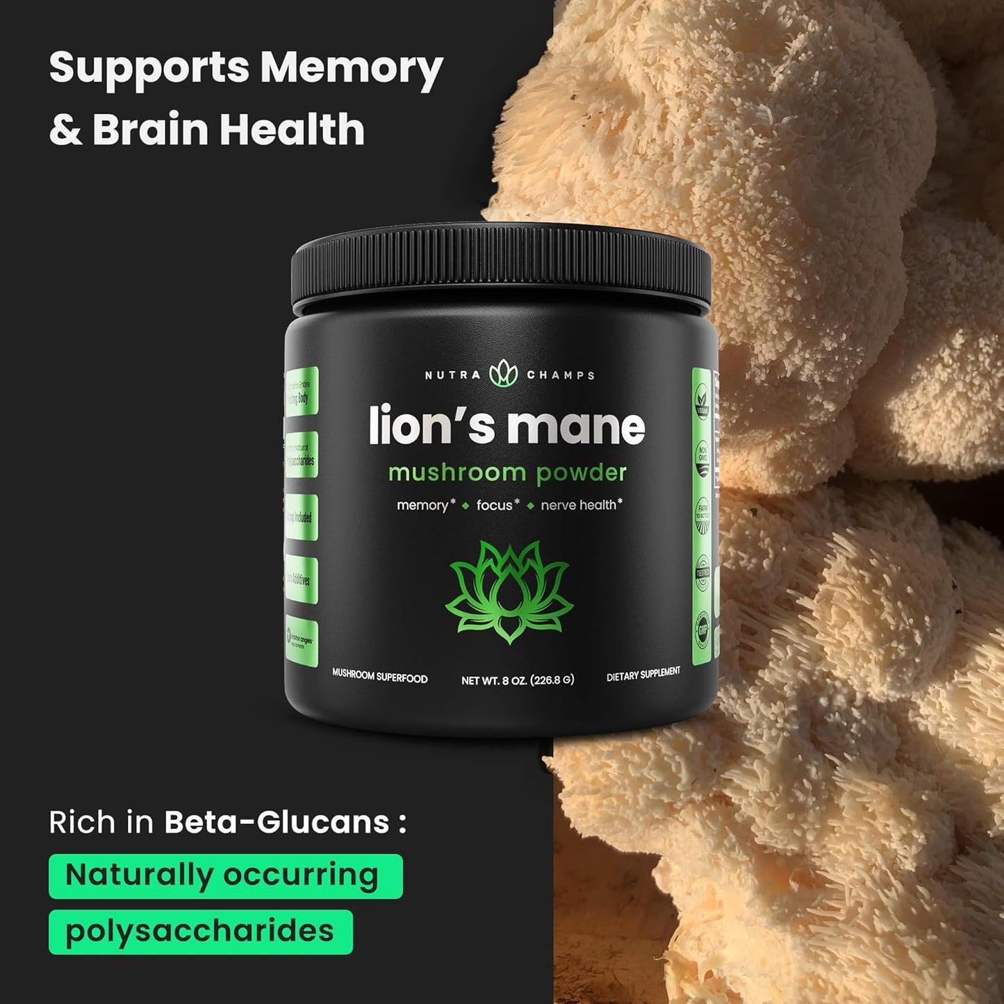 Organic Lions Mane and 10 Mushroom Blend Powder by NutraChamps