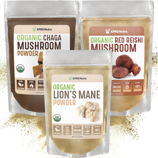 Organic Lion's Mane, Chaga, Red Reishi Mushroom Bundle - XPRS Nutra - 8 Ounces Each