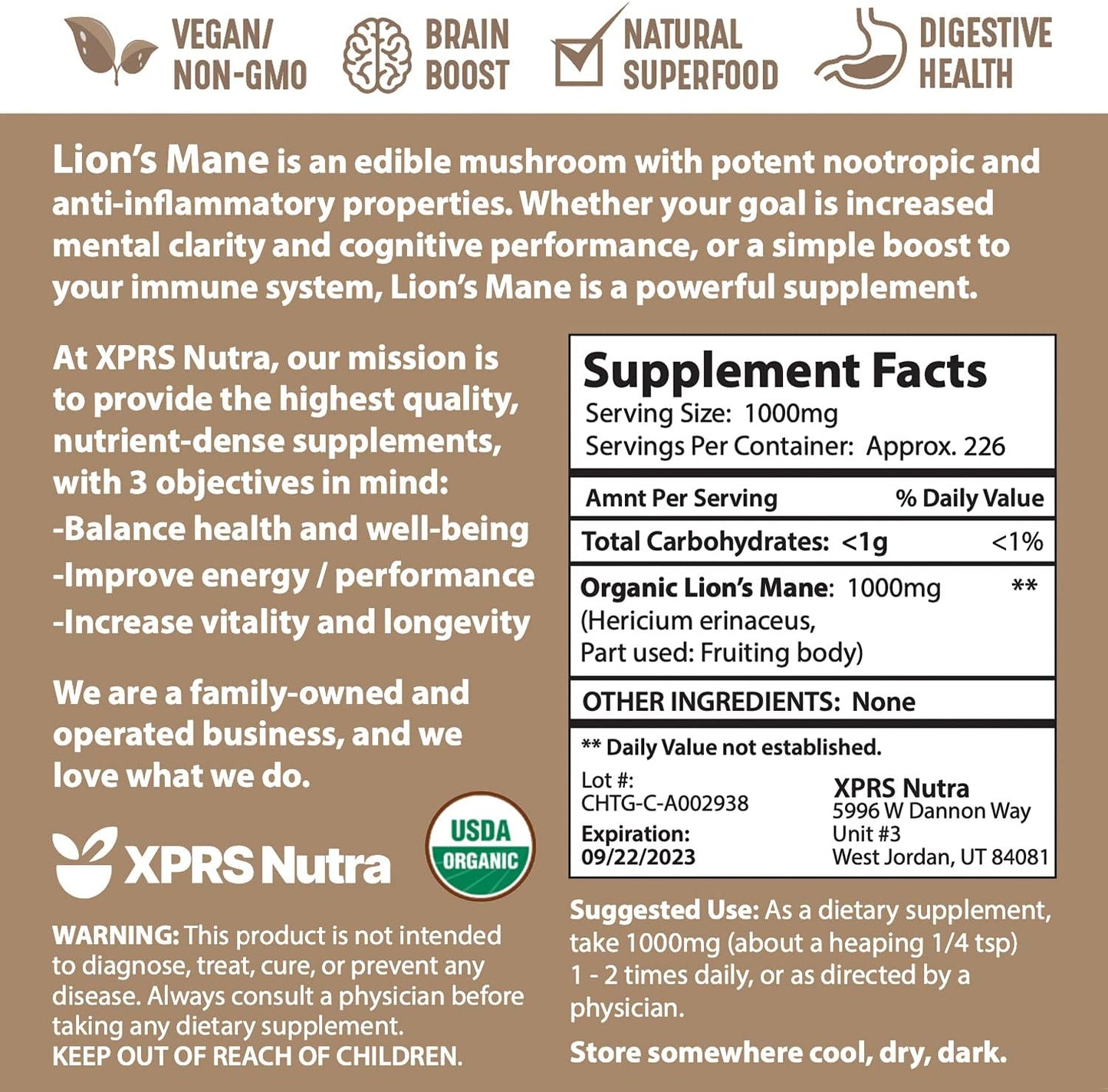 Organic Lion's Mane, Chaga, Red Reishi Mushroom Bundle - XPRS Nutra - 8 Ounces Each