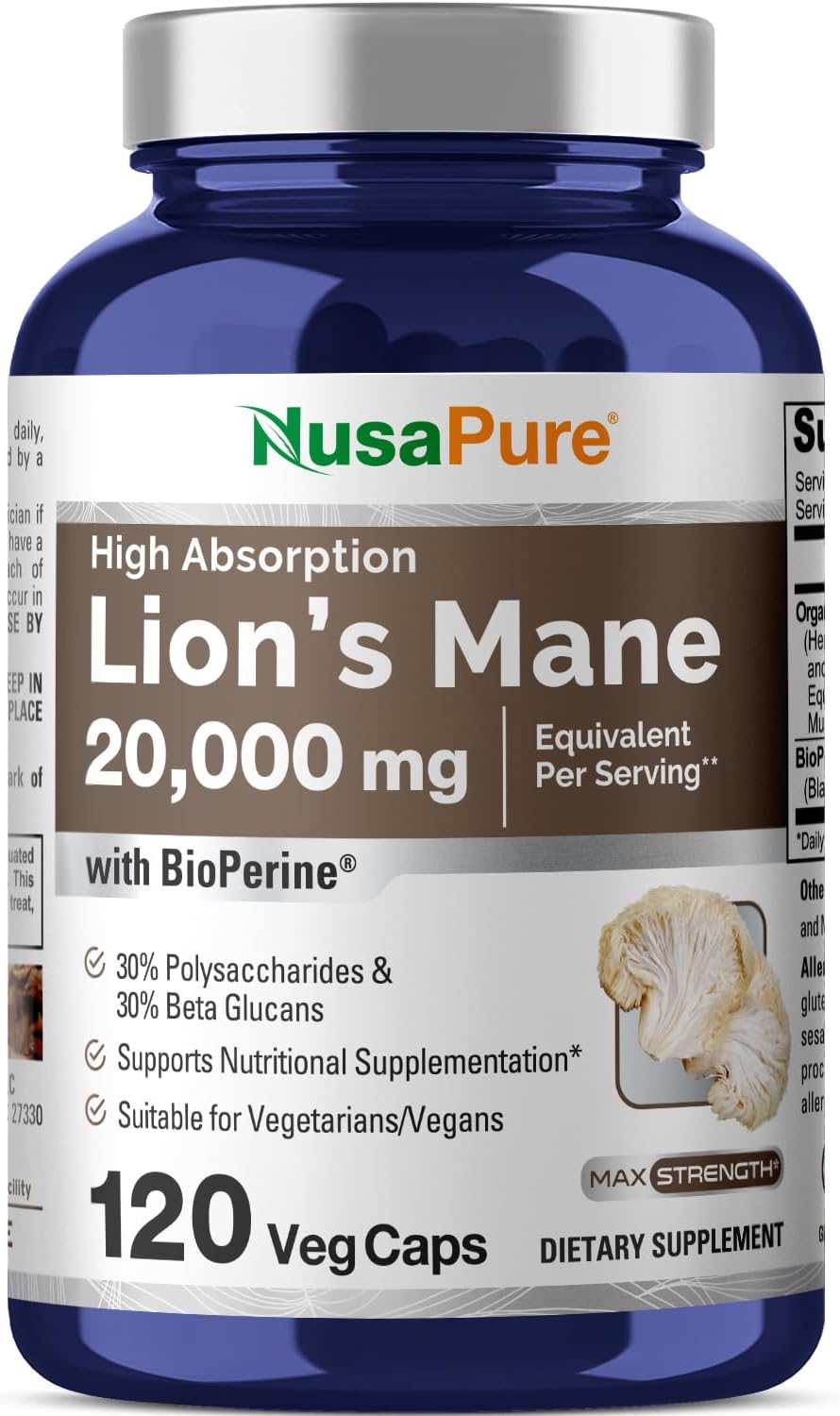 Organic Lions Mane Extract with 20,000mg Equivalent - 30% Polysaccharides - 120 Veggie Caps - Non-GMO, Gluten Free - By NusaPure - BoostGo Australia