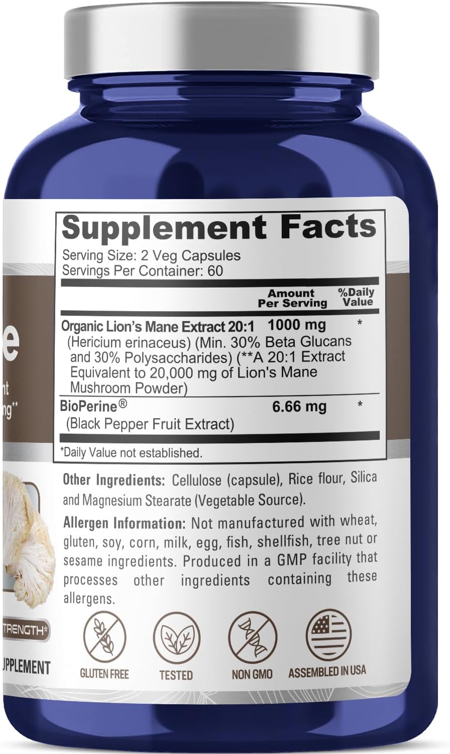 Organic Lions Mane Extract with 20,000mg Equivalent - 30% Polysaccharides - 120 Veggie Caps - Non-GMO, Gluten Free - By NusaPure - BoostGo Australia