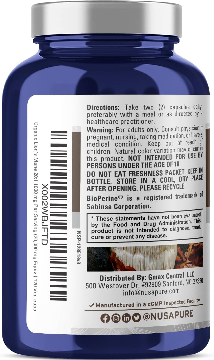 Organic Lions Mane Extract with 20,000mg Equivalent - 30% Polysaccharides - 120 Veggie Caps - Non-GMO, Gluten Free - By NusaPure - BoostGo Australia