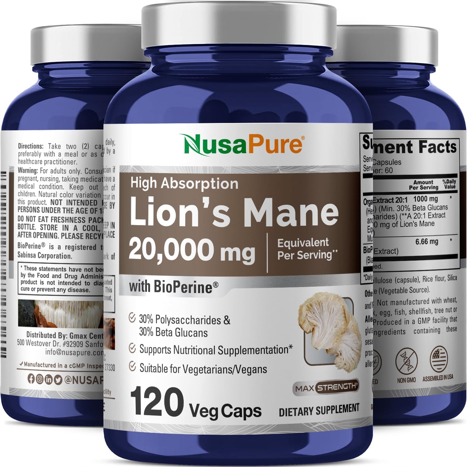 Organic Lions Mane Extract with 20,000mg Equivalent - 30% Polysaccharides - 120 Veggie Caps - Non-GMO, Gluten Free - By NusaPure - BoostGo Australia