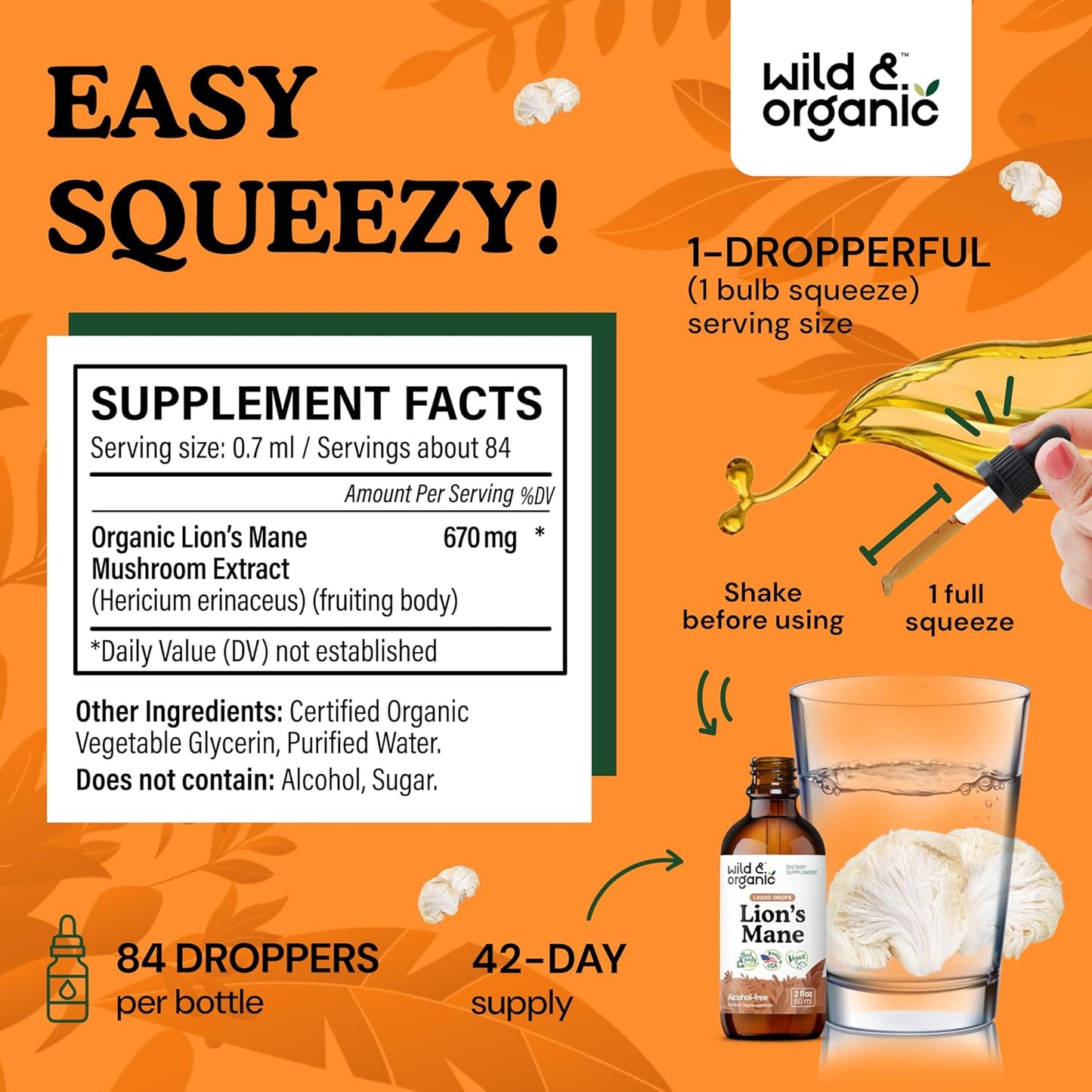 Organic Lions Mane Liquid Drops - Brain Support Supplement - Hericium Erinaceus Mushroom Extract - Vegan, Alcohol & Sugar-Free - 2 fl oz