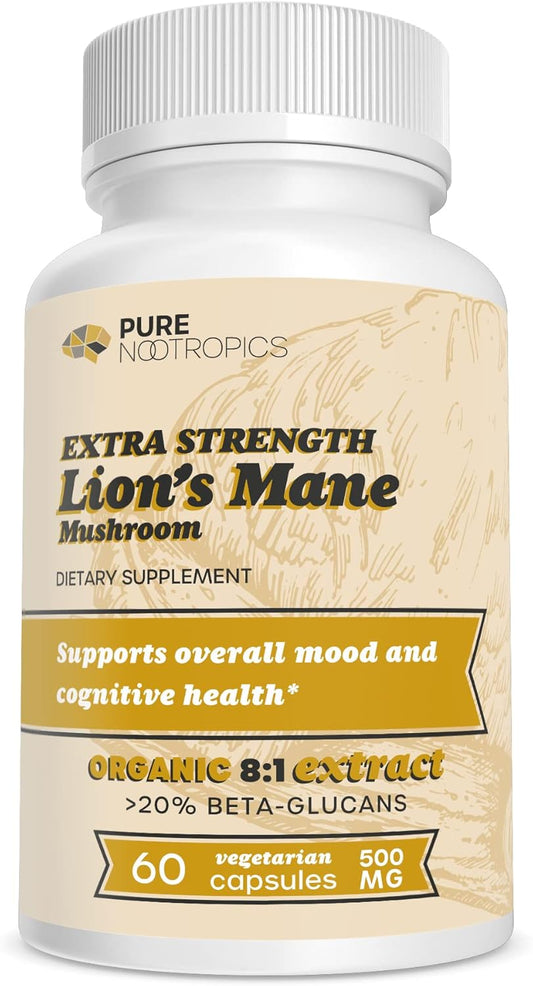 Organic Lion's Mane Mushroom 8:1 Extract Capsules for Brain Health | 500mg | 60 Vegetarian Caps | High Beta-Glucans | Nootropic - BoostGo Australia