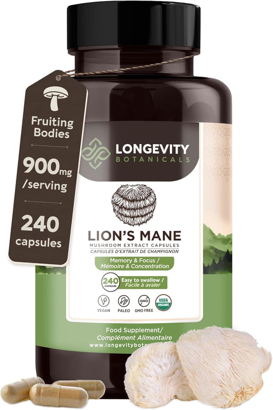 Organic Lions Mane Mushroom Capsules - Ultra Concentrated Supplement for Mental Clarity, Focus, and Memory - 100% Fruiting Body - 240 Count - BoostGo Australia