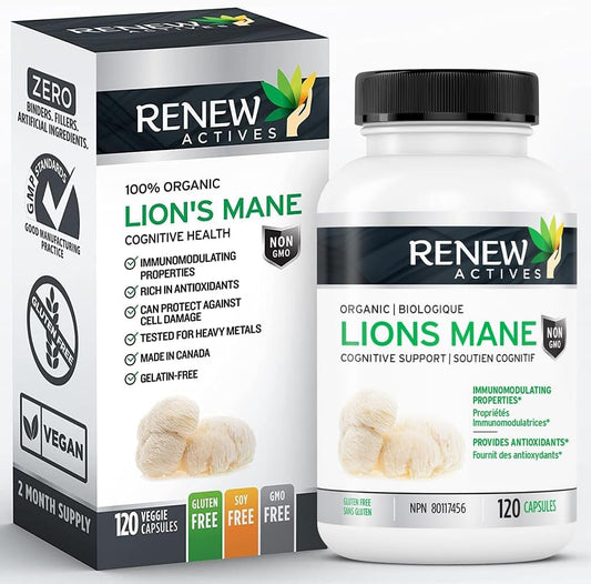 Organic Lion's Mane Mushroom Capsules for Brain Function, Memory, Focus, Stress Relief, Immune Health - 120 ct.