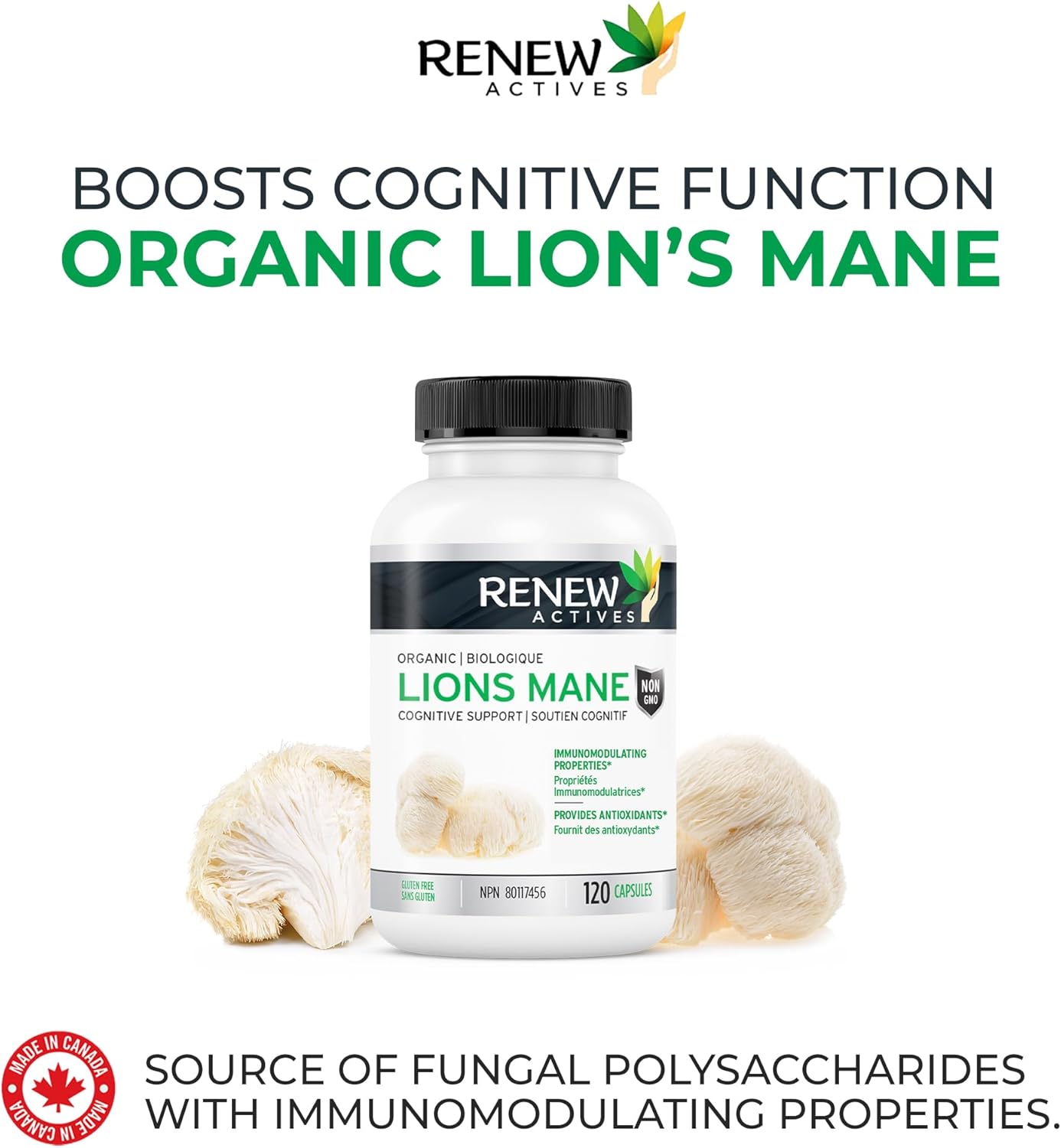Organic Lion's Mane Mushroom Capsules for Brain Function, Memory, Focus, Stress Relief, Immune Health - 120 ct.