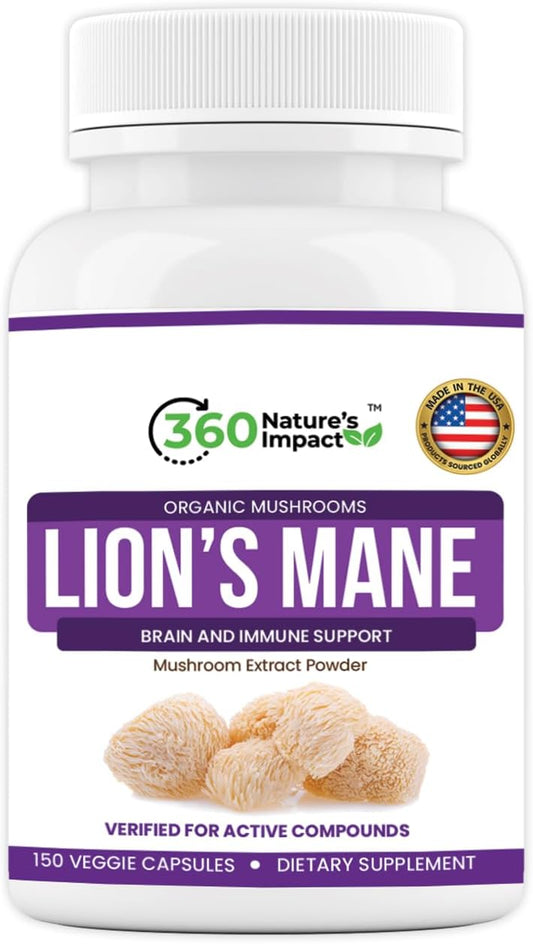 Organic Lions Mane Mushroom Capsules for Brain Health Support - 360 Nature's Impact Supplement with Beta-Glucans & Hypromellose - Cognitive System Boost - BoostGo Australia