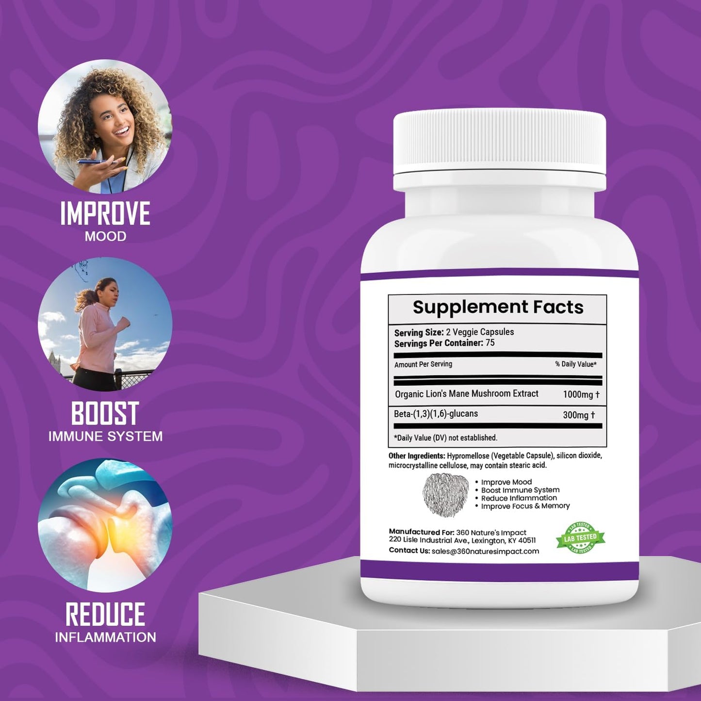 Organic Lions Mane Mushroom Capsules for Brain Health Support - 360 Nature's Impact Supplement with Beta-Glucans & Hypromellose - Cognitive System Boost - BoostGo Australia