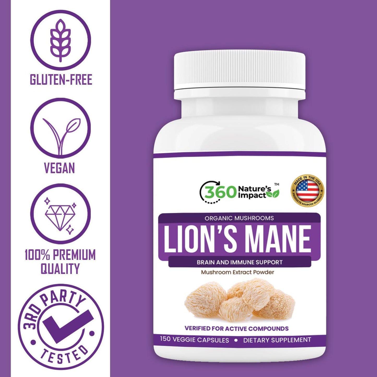 Organic Lions Mane Mushroom Capsules for Brain Health Support - 360 Nature's Impact Supplement with Beta-Glucans & Hypromellose - Cognitive System Boost - BoostGo Australia