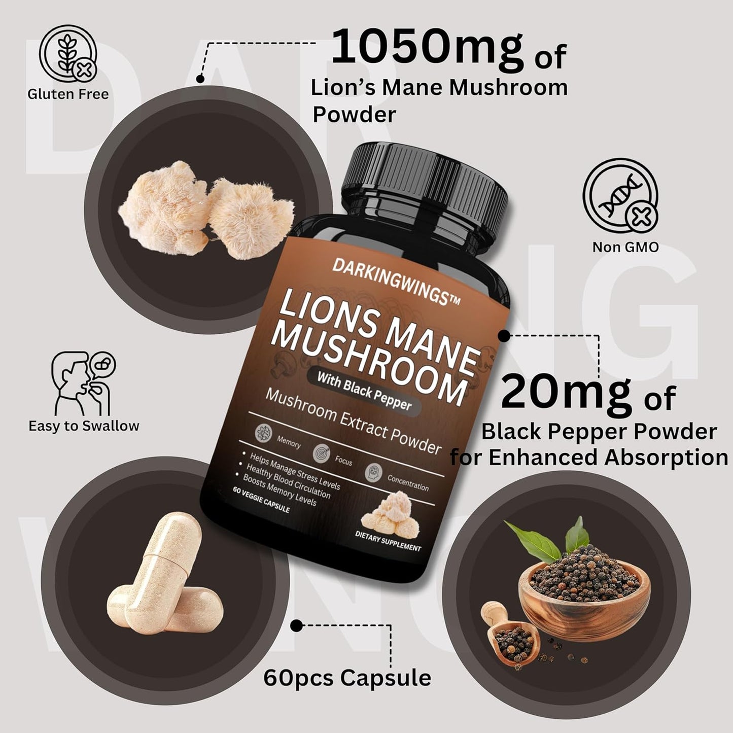 Organic Lions Mane Mushroom Extract Capsules for Cognitive Function, Memory, and Focus - Immune Support Supplement - 60 Veggie Pills