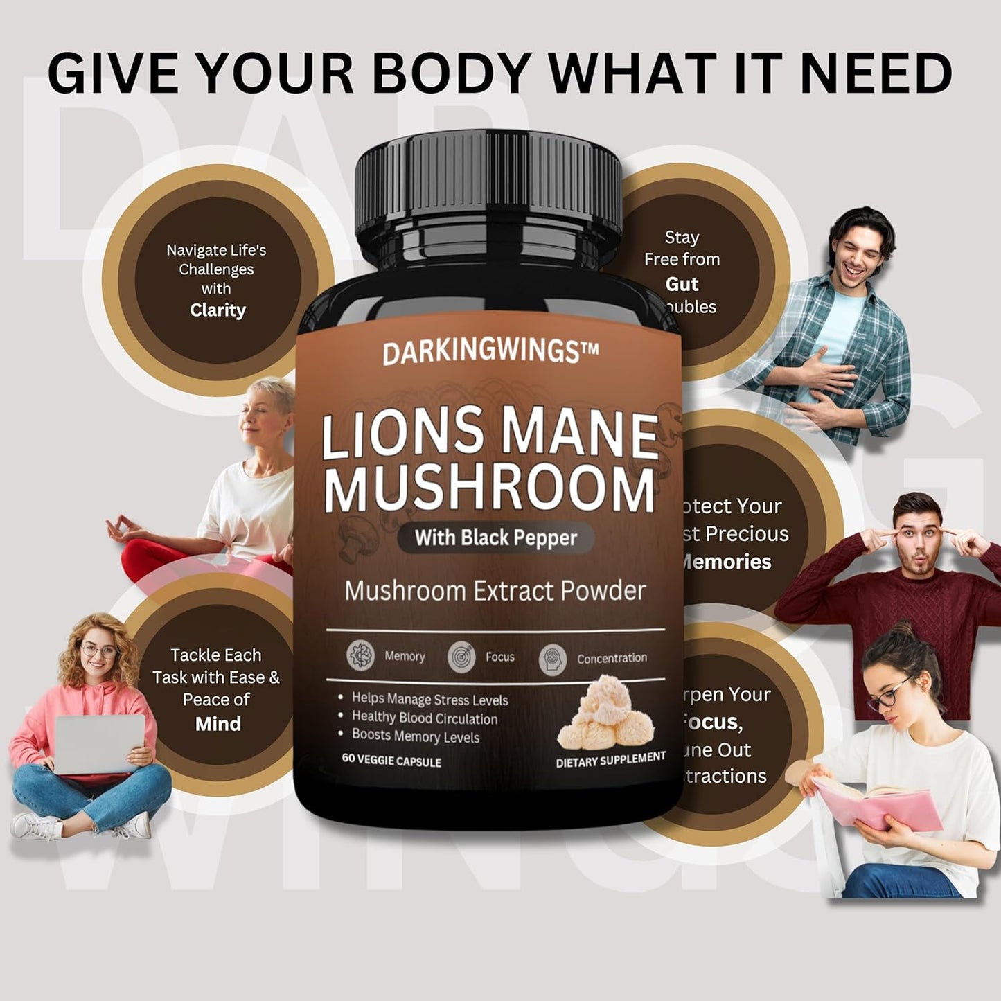 Organic Lions Mane Mushroom Extract Capsules for Cognitive Function, Memory, and Focus - Immune Support Supplement - 60 Veggie Pills