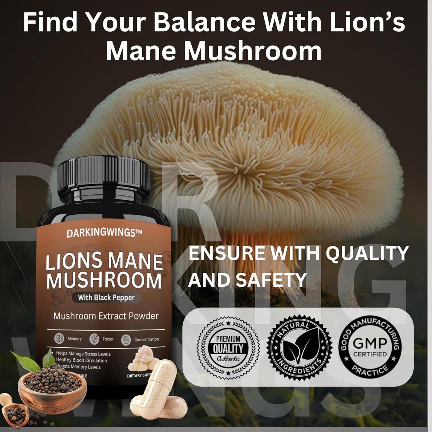 Organic Lions Mane Mushroom Extract Capsules for Cognitive Function, Memory, and Focus - Immune Support Supplement - 60 Veggie Pills
