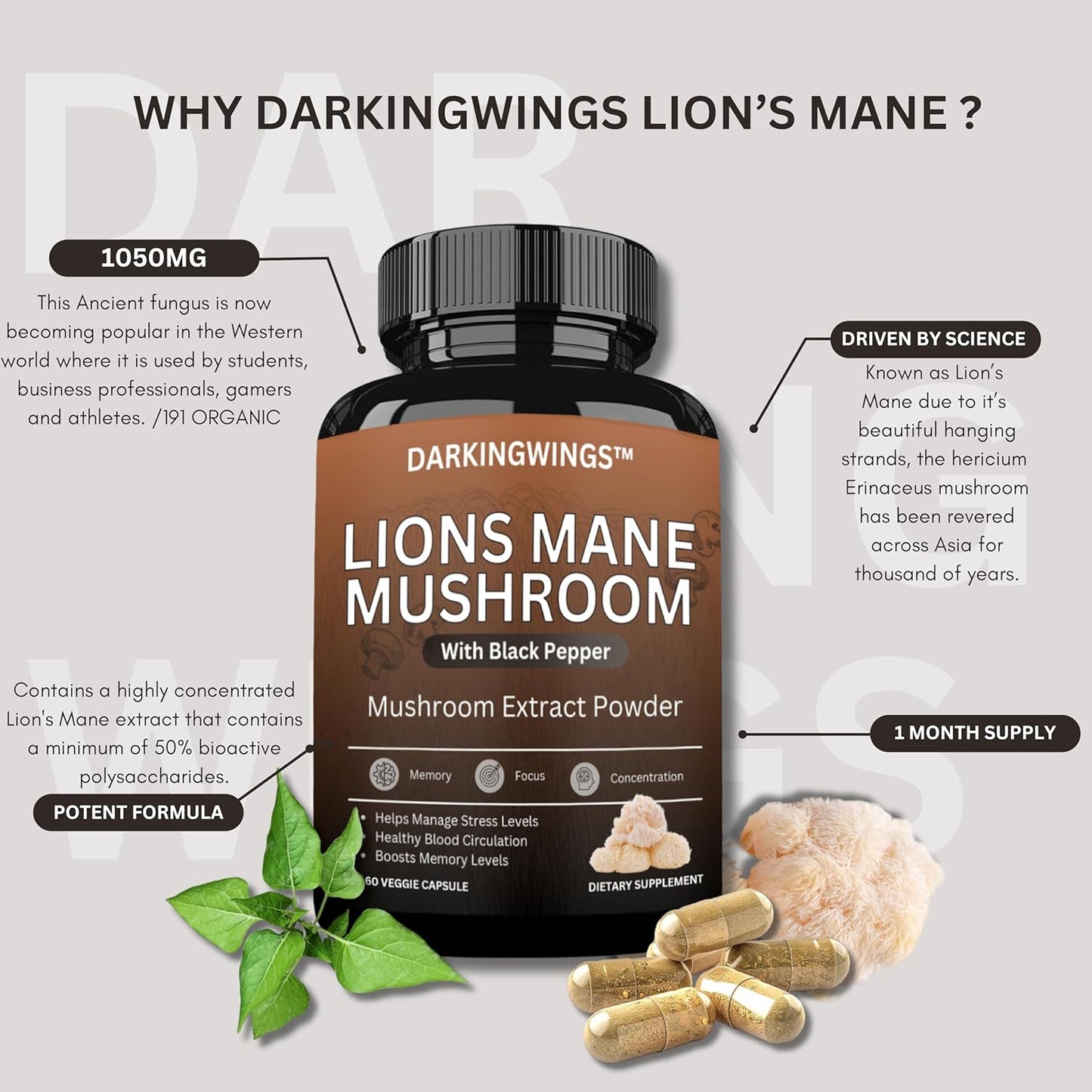 Organic Lions Mane Mushroom Extract Capsules for Cognitive Function, Memory, and Focus - Immune Support Supplement - 60 Veggie Pills
