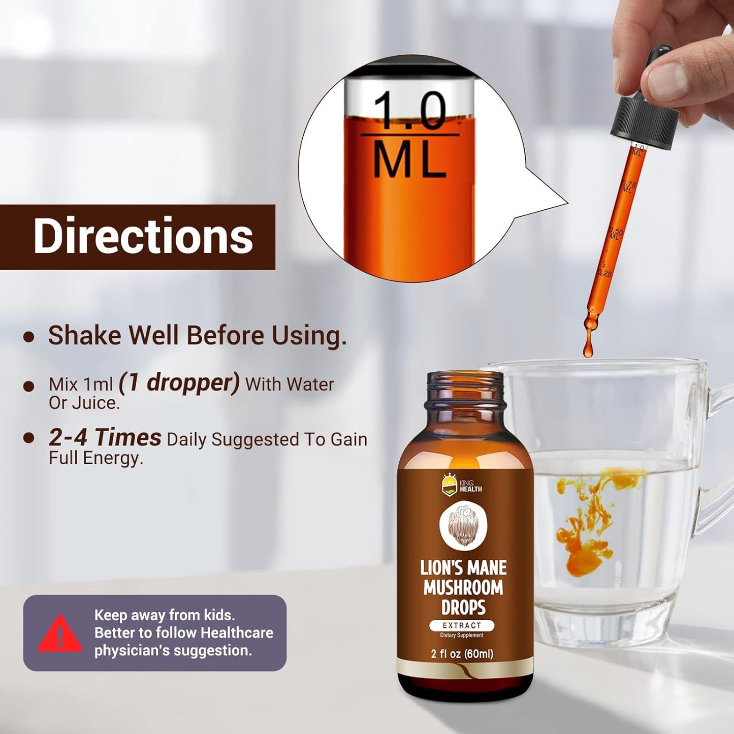 Organic Lion's Mane Mushroom Extract Liquid, High Absorption Tincture, Alcohol-Free, Vegan, Non-GMO - 2 Fl oz