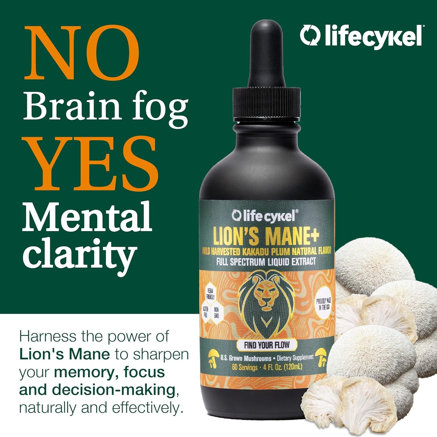 Organic Lion's Mane Mushroom Extract with Kakadu Plum - Brain Booster for Memory, Focus & Sleep - Non-GMO Tincture - 1 Fl Oz