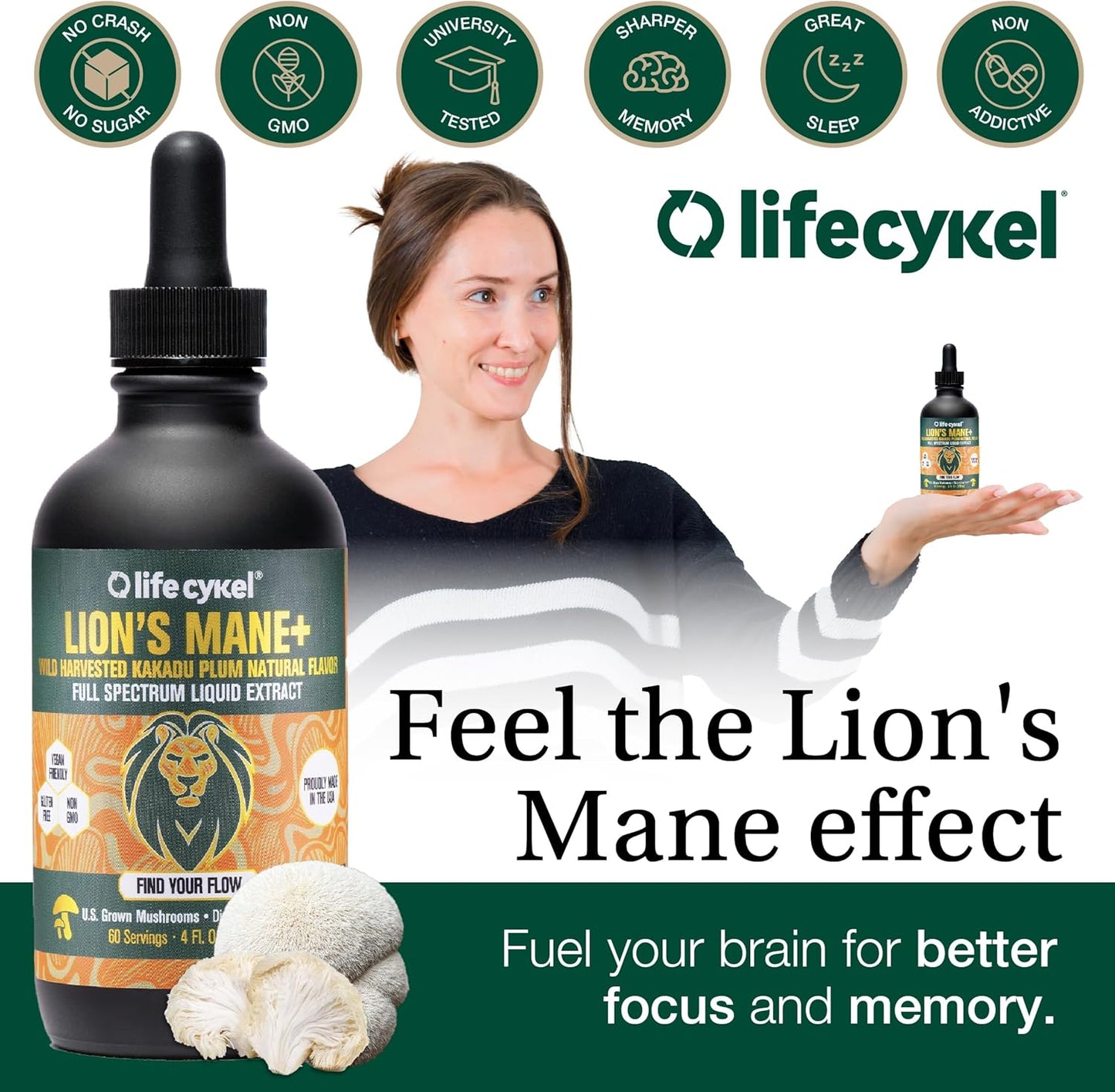 Organic Lion's Mane Mushroom Extract with Kakadu Plum - Brain Booster for Memory, Focus & Sleep - Non-GMO Tincture - 1 Fl Oz