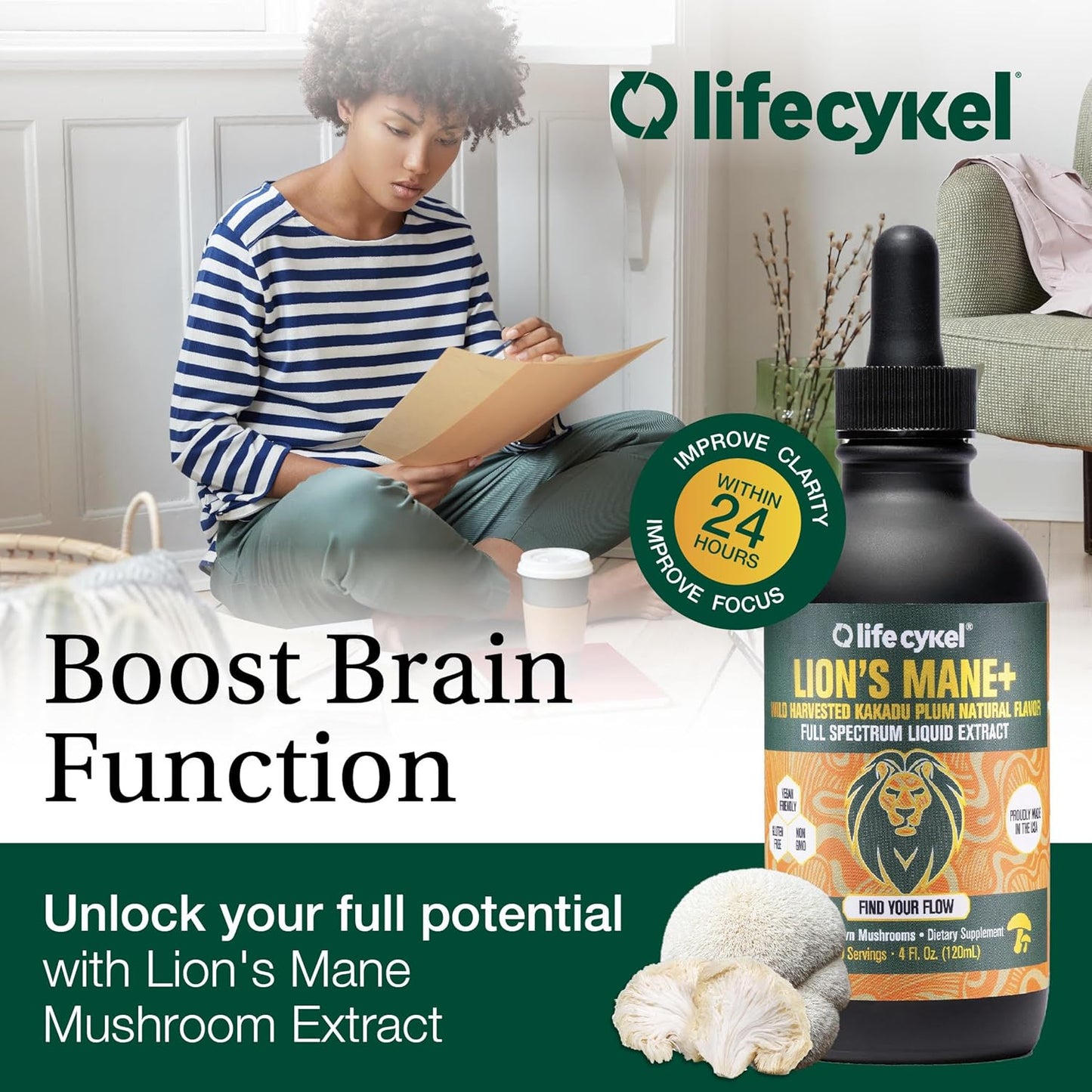 Organic Lion's Mane Mushroom Extract with Kakadu Plum - Brain Booster for Memory, Focus & Sleep - Non-GMO Tincture - 1 Fl Oz