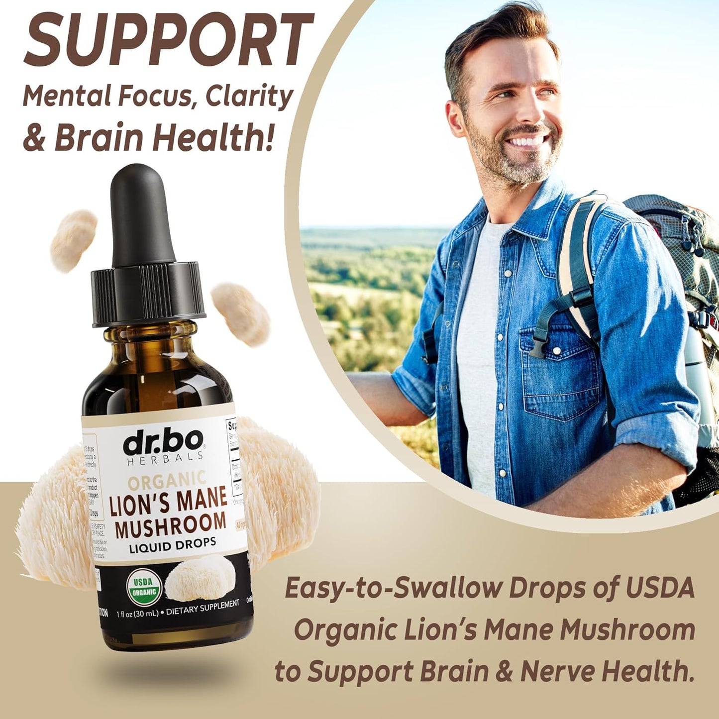 Organic Lions Mane Mushroom Liquid Drops for Focus, Brain Health - Lion's Mane Tincture Supplement for Cognitive Support