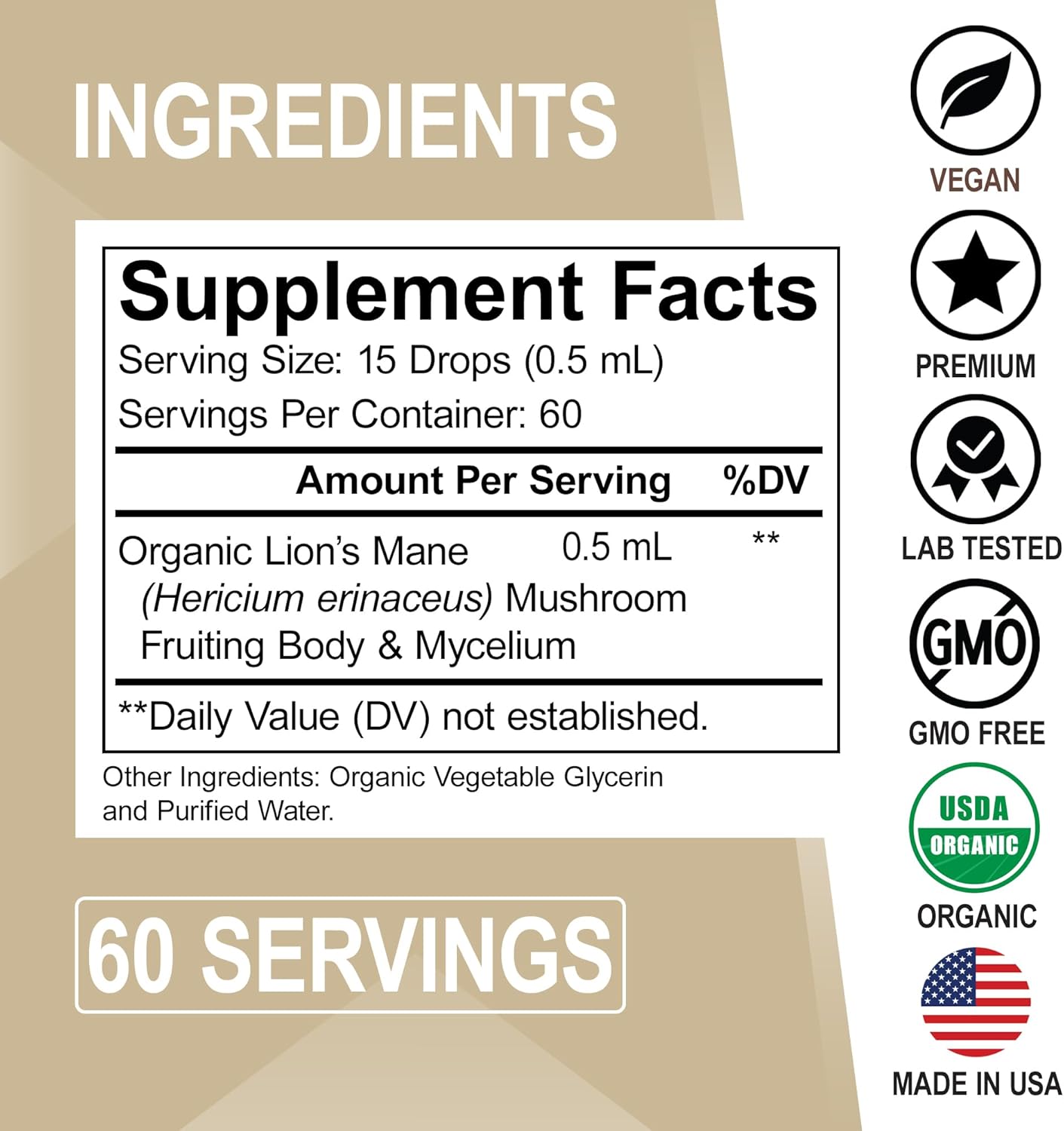 Organic Lions Mane Mushroom Liquid Drops for Focus, Brain Health - Lion's Mane Tincture Supplement for Cognitive Support