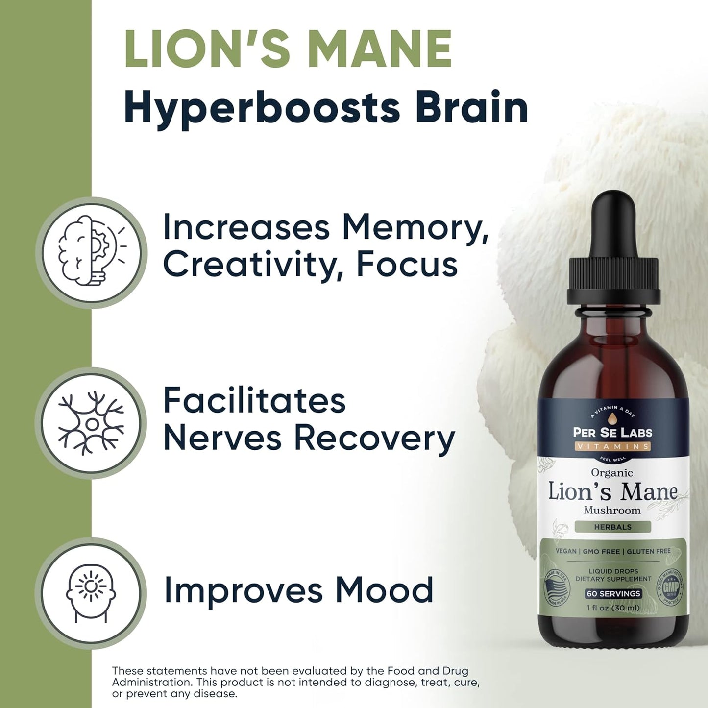 Organic Lions Mane Mushroom Liquid Drops | Immune System Support & Brain Health Supplement | Lion's Mane Extract for Focus & Memory