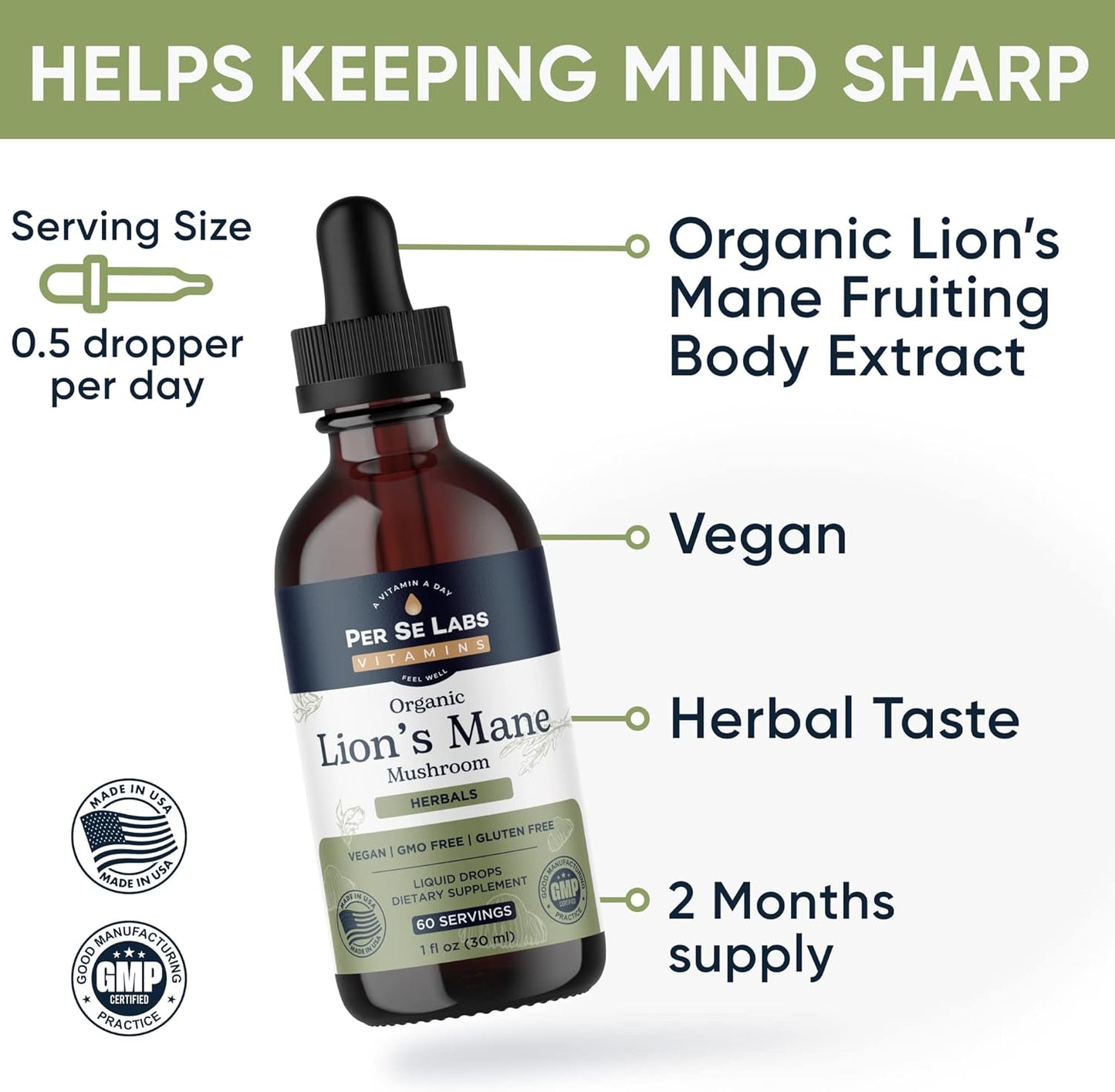 Organic Lions Mane Mushroom Liquid Drops | Immune System Support & Brain Health Supplement | Lion's Mane Extract for Focus & Memory
