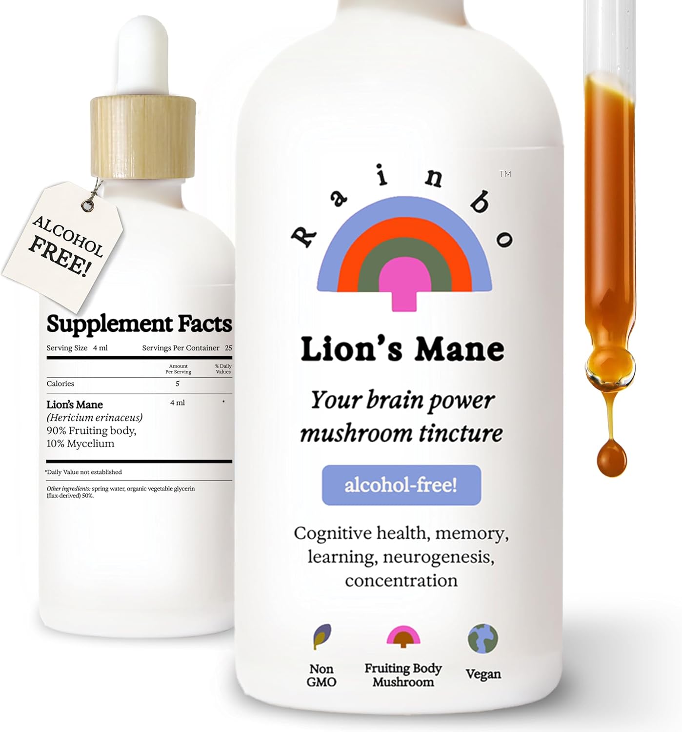 Organic Lion's Mane Mushroom Liquid Tincture for Brain Support - Alcohol-Free Dual Extract Supplement for Focus, Memory - Vegan, Non GMO - 3.4 fl oz