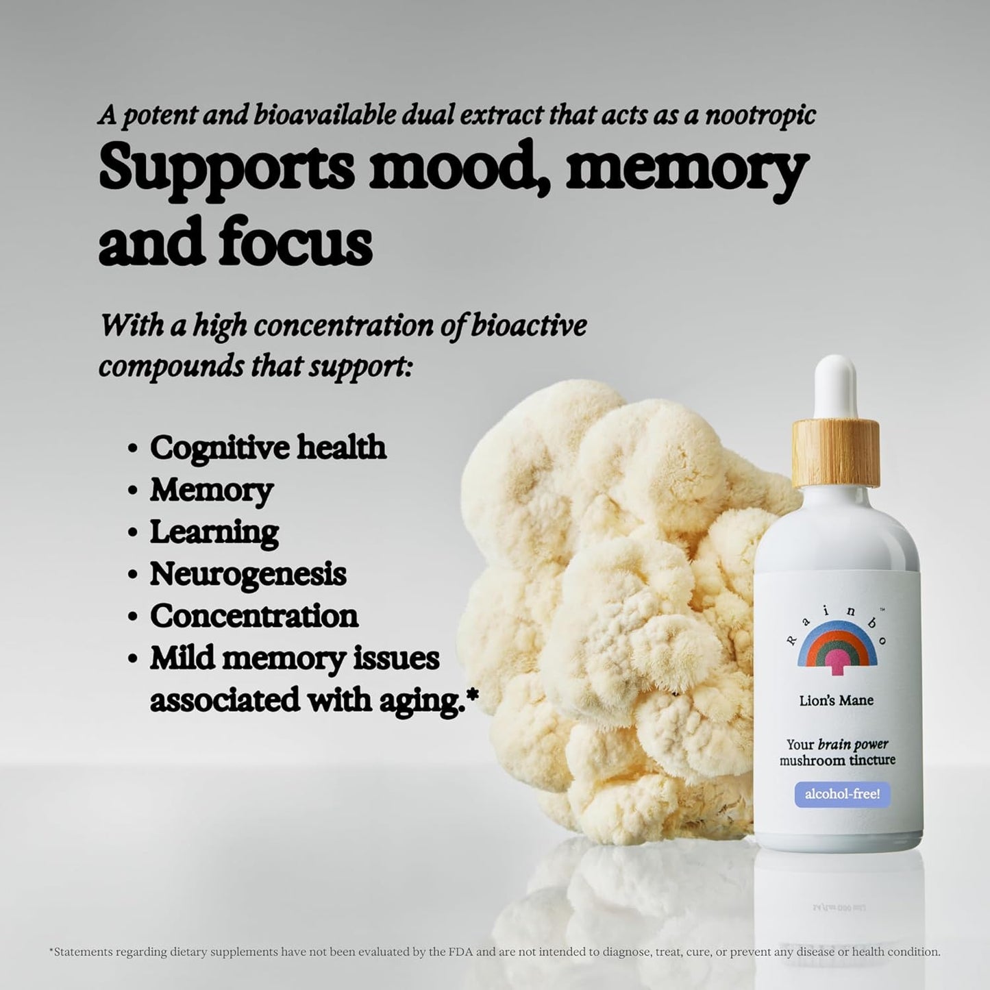 Organic Lion's Mane Mushroom Liquid Tincture for Brain Support - Alcohol-Free Dual Extract Supplement for Focus, Memory - Vegan, Non GMO - 3.4 fl oz