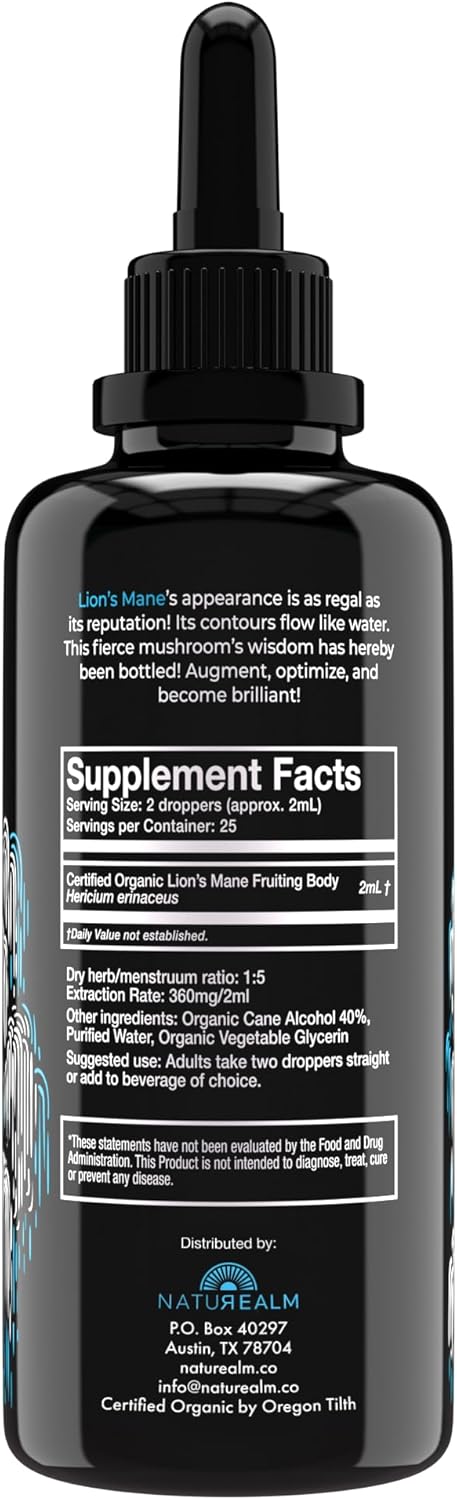Organic Lion’s Mane Mushroom Liquid Tincture for Focus, Memory & Brain Health - Vegan, Non-GMO Supplement with Fruiting Bodies - 2 Month Supply