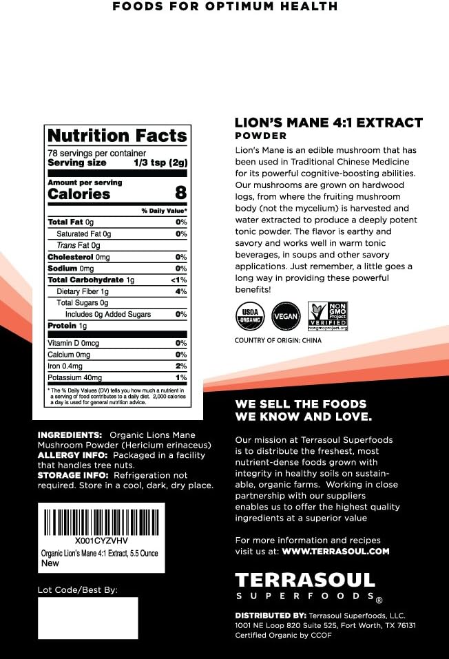 Organic Lion's Mane Mushroom Powder (4:1 Extract) by Terrasoul Superfoods - 5.5 Ounces