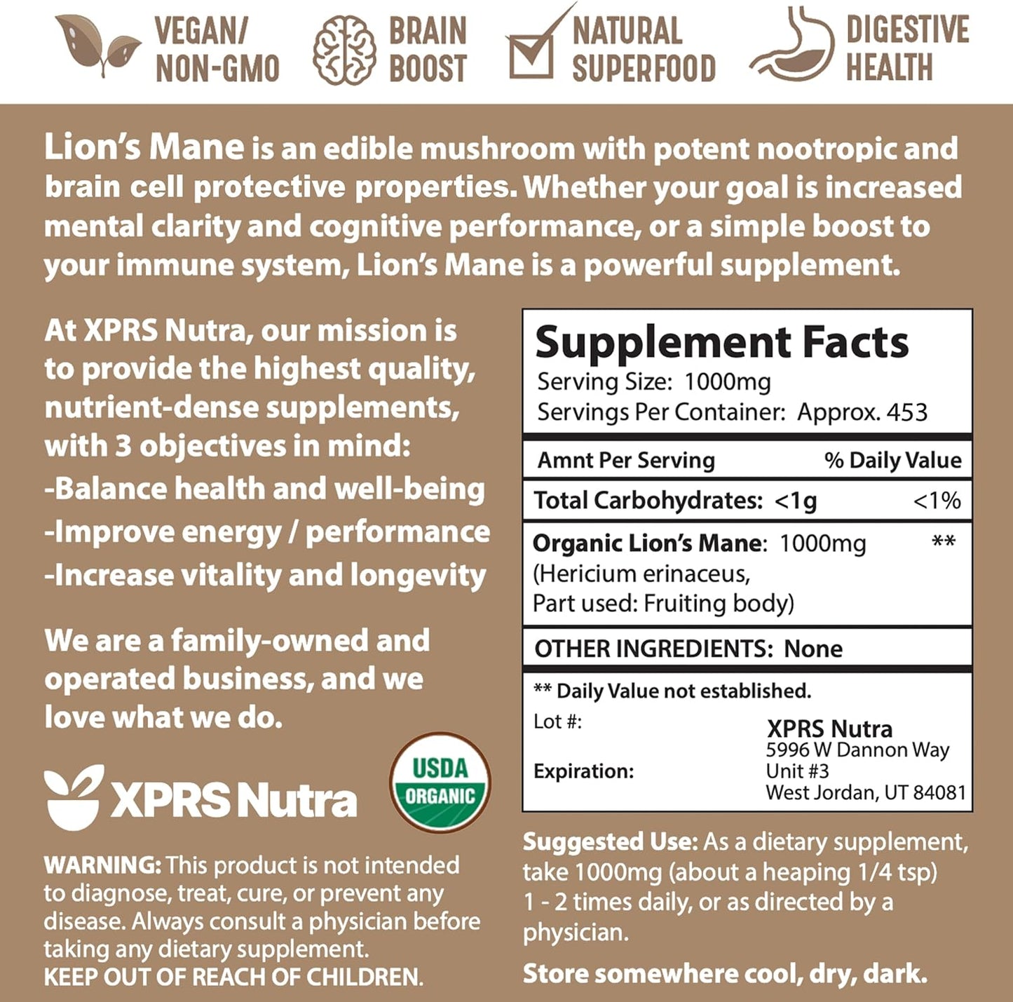 Organic Lion's Mane Mushroom Powder for Mental Clarity, Cognition, and Immunity - Vegan-Friendly - 16 oz - BoostGo Australia