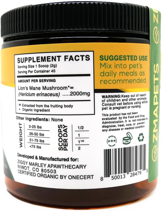 Organic Lions Mane Mushroom Powder for Pets - Supports Cognition - USDA Organic Extract for Dogs & Cats - 45 Servings
