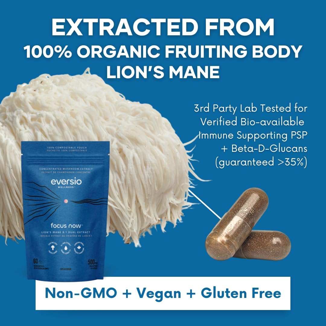 Organic Lion's Mane Mushroom Supplement - 8:1 Dual Extract, 500mg, 60 Vegan Capsules, Memory & Focus Support