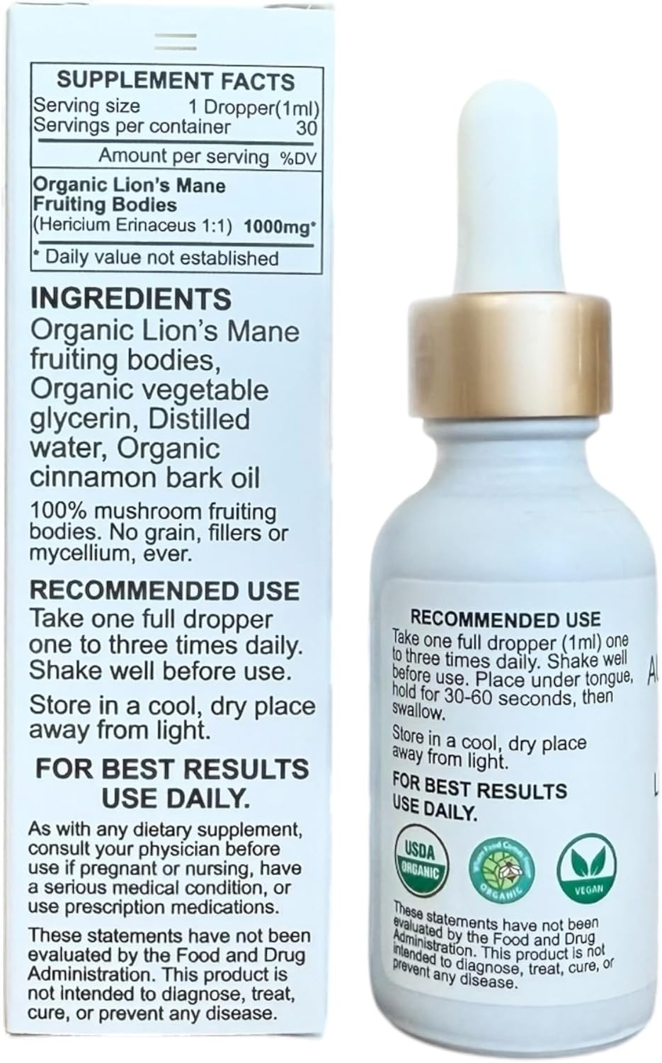 Organic Lion's Mane Mushroom Tincture for Focus and Memory | Triple Extracted Fruiting Body | USA Grown | Certified Organic | Cinnamon Flavor | 1 Month Supply